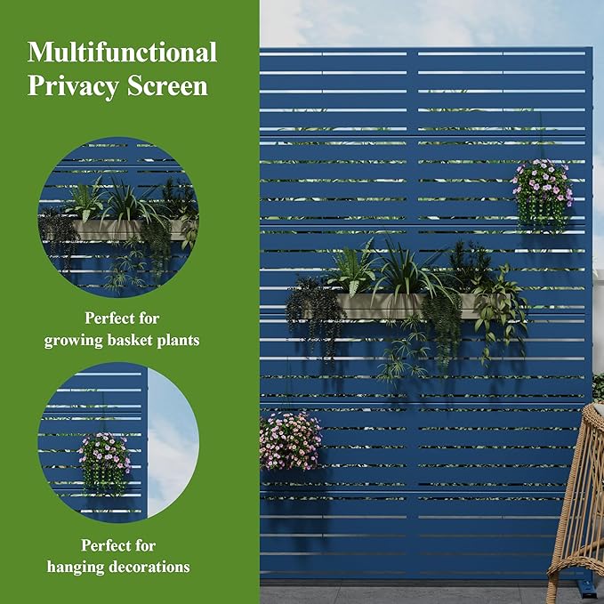 Casaphoria Metal Privacy Screen Outdoor, 72" H x 47" W Freestanding Decorative Privacy Screen for Patio Deck Balcony Garden with Stable Base, Louvered Blue