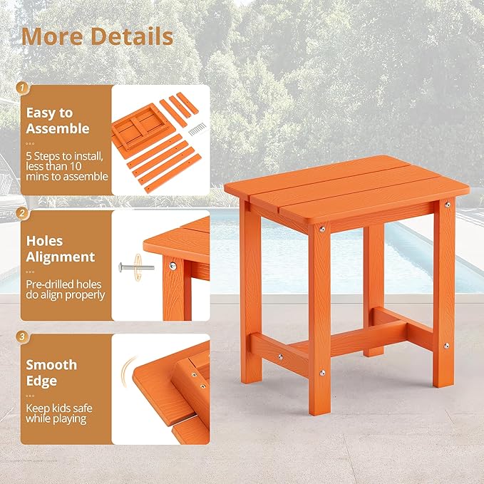 LUE BONA Outdoor Side Table, HDPS Small Outdoor Table, Adirondack Side Table, Outside End Table for Patio, Porch, Deck, Pool, Weather Resistant/Easy Maintenance/Indoor or Outside Use, Orange