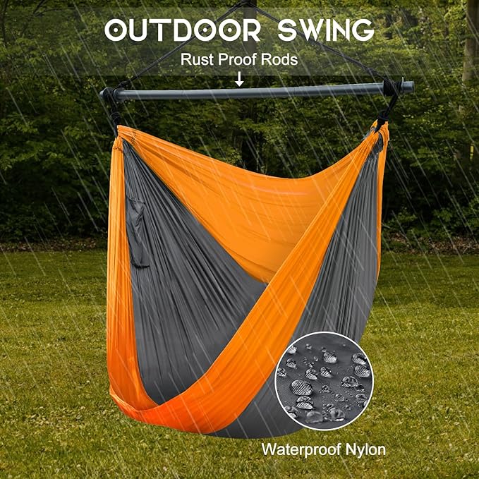 Hammock Chair, Portable Large Hanging Rope Swing, Lightweight Nylon Parachute, Max 500 Lbs, Detachable Metal Support Bar Hammock Chair Swing for Outdoor, Indoor, Bedroom (Orange, Dark Gray)