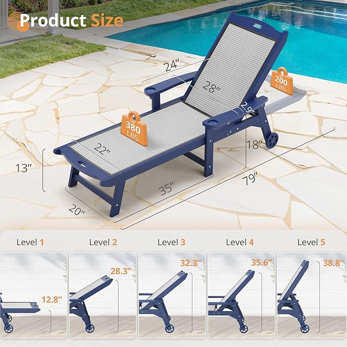 LUE BONA Chaise Lounge Chair Outdoor Set of 4, HDPS and HDPE Wicker Material, Patio Lounge Chair with Adjustable Backrest, Resin Pool Lounge Chairs with Wheels for Backyard, Poolside and Deck