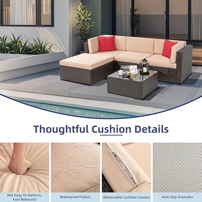 Vongrasig 5 Piece Patio Furniture Sets, Outdoor Patio Set Sectional Sofa, All-Weather PE Rattan Outdoor Couch with Ottoman, Glass Table for Garden, Backyard, Porch, Beige