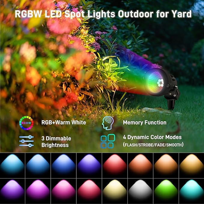 Halloween Christmas Landscape Lights 12W RGBW Outdoor Spot Lights for Yard, Low Voltage LED Landscape Spotlight with Remote Control, IP65 Waterproof Yard Spotlgiht for Lawn, Garden, 10 Pack