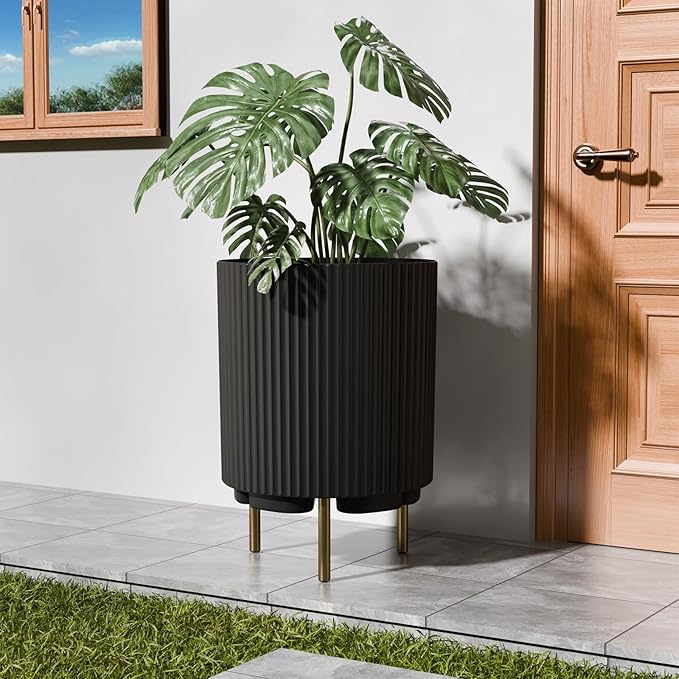 FONTOI 20.3'' Front Porch Planter Stand, Round Plant Stand for Porch, Plastic Striped Planter Stand with 3 Holder, Outdoor Flower Pots Stand for Tall Plants, Porch Decor, Black