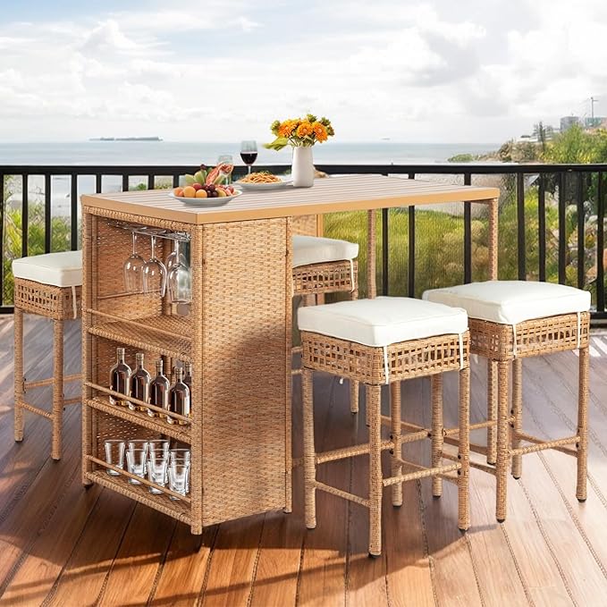 Outvita 5-Piece Outdoor Bar Set, Wicker Rattan Bar Height Patio Set w/4 Cushion Bar Stools & Table with Hidden Storage, Outdoor High Top Table and Chairs Set for Backyard, Balcony, Garden and Poolside
