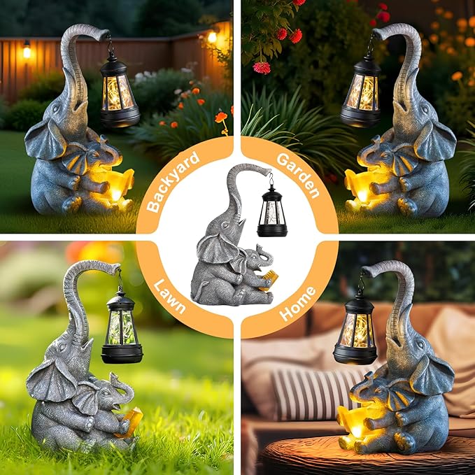 Solar Garden Statue Lights Loving Elephants Figurine with Solar Lantern, Outdoor Yard Decorations for Patio Porch Home, Housewarming Elephant Gifts for Mom, Women