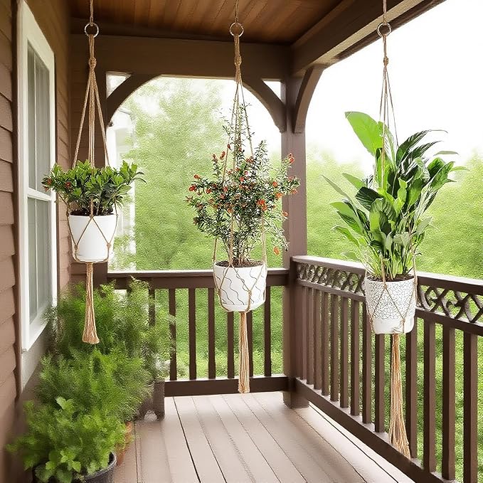 3 Pack Macrame Plant Hanger Indoor, 35 41 47 Inch Handmade Boho Hanging Planter Basket with Screw Hooks S-Hooks and Extension Rope for Indoor Plants Home Decor (POTS NOT Included) (Brown)