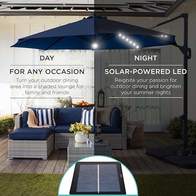 Best Choice Products 10ft Solar LED Cantilever Patio Umbrella, 360-Degree Rotation Hanging Offset Market Outdoor Sun Shade for Backyard, Deck, Poolside w/Lights, Easy Tilt, Cross Base