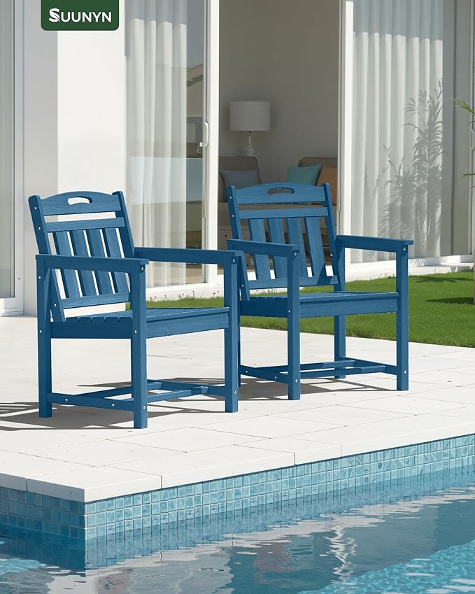 Set of 2 Weatherproof Patio Chairs - HDPE Outdoor Dining Chairs with Wide Seat, Ergonomic Design - for Garden, Backyard, Deck - Navy Blue