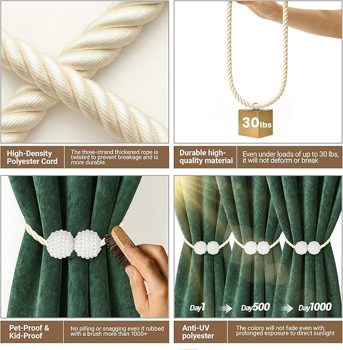 Hion Magnetic Curtain Tiebacks Beige 6 Pack, Curtain Tiebacks Buckles Holdbacks Holders Hooks Clip for Home Bedroom Office Decorative Thick or Thin Curtain