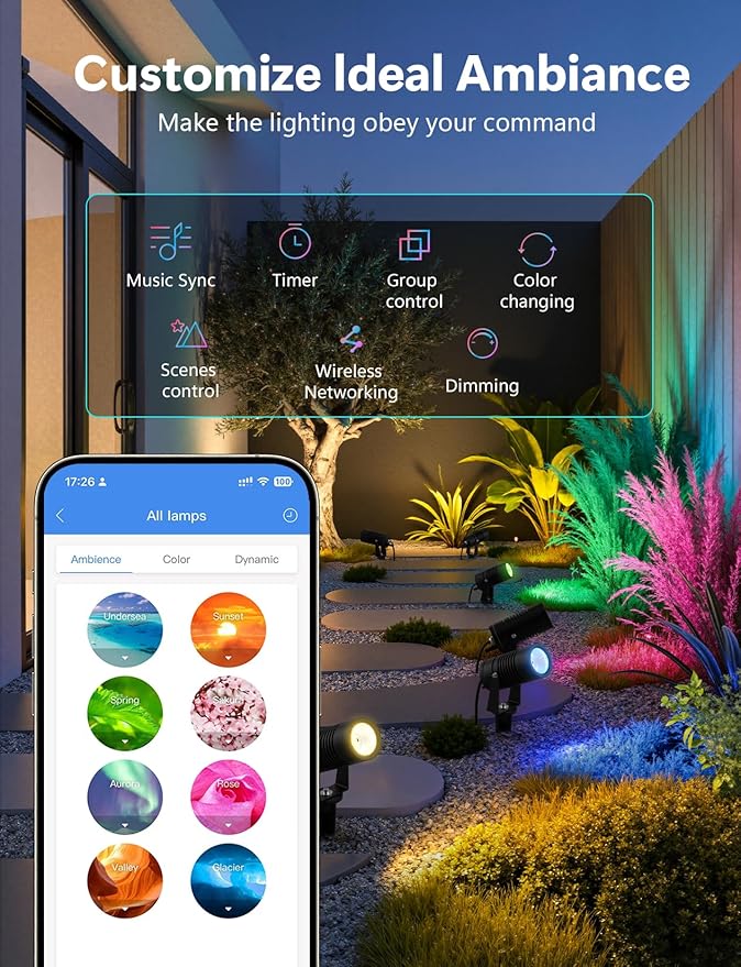 Smart Landscape Lights, APP Controlled RGBCW Color Changing Spot Lights, IP65 Waterproof 24V Low Voltage Outdoor Spotlights for Garden Yard Pathway Holiday Decor