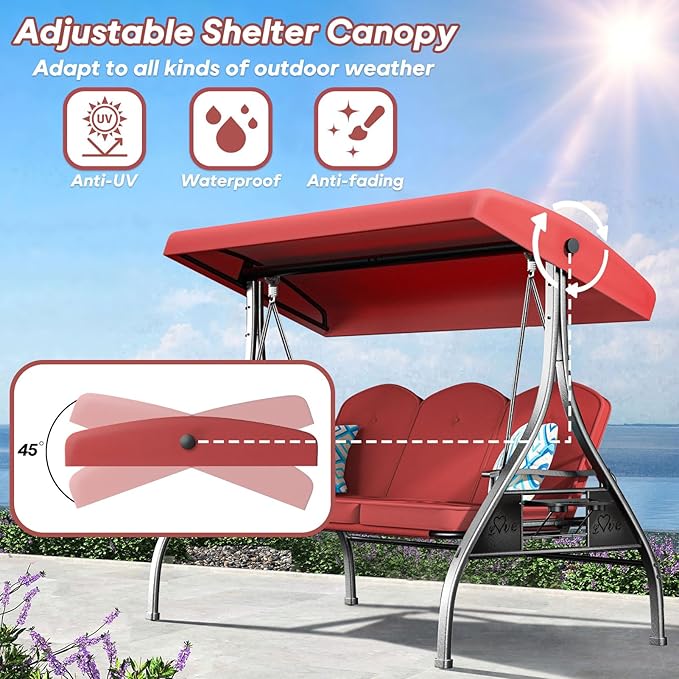 3 Seat Outdoor Porch Patio Swing with Stand 800lbs 2-in-1 Convertible Swing Bed with Adjustable Canopy & Removable Cushion for Yard Garden Deck (Wine Red, Square Tube)