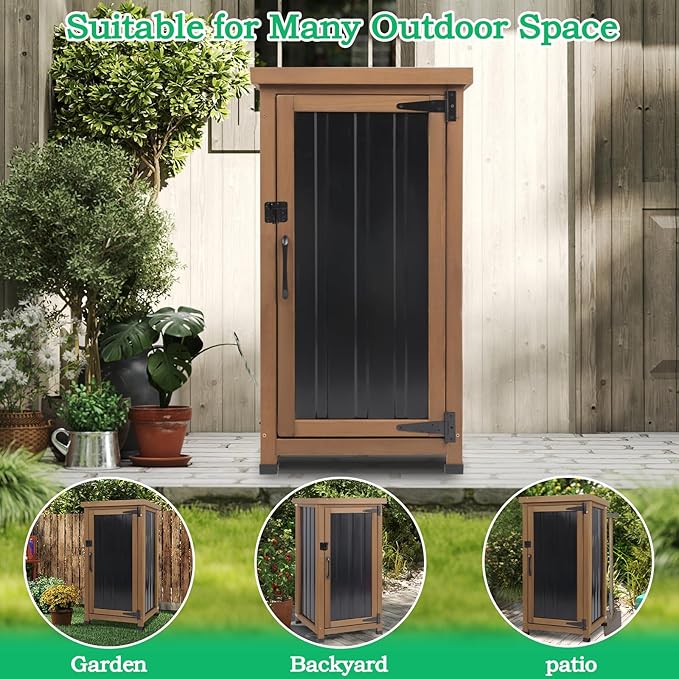 Small Outdoor Storage Cabinet Weatherproof, Wood Garden Potting Bench Table with Removable Shelves, Metal Top, Outdoor Cabinet Work Station for Patio, Backyard, Brown,17.9''x17.9''x33.5''