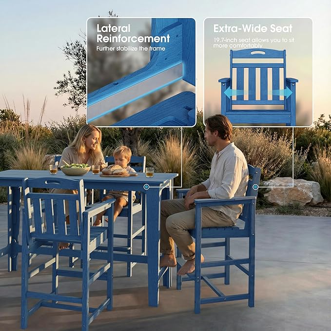 Ciokea Outdoor Bar Height Table Set of 5, 60" Extra Long Rectangle High Top Table and 4 Oversized Adirondack Chairs Set, Heavy-Duty All-Weather HDPE Patio Bar Set for Backyard Balcony Deck, Navy Blue