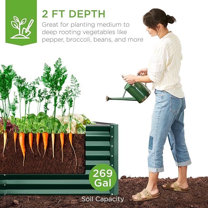 Best Choice Products 6x3x2ft Outdoor Metal Raised Garden Bed, Deep Root Box Planter for Vegetables, Flowers, Herbs, 269 Gallon Capacity, 100% Non Toxic Materials - Dark Green