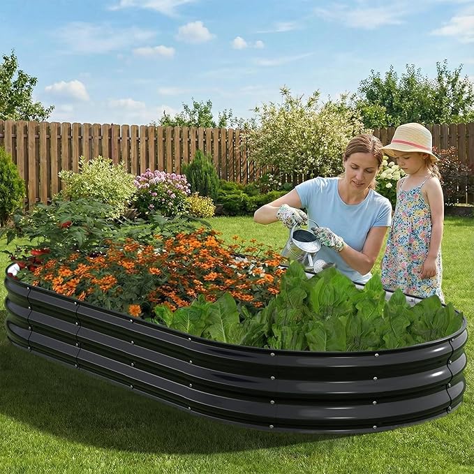Raised Garden Bed, 8x4x1ft Galvanized Outdoor Planter Beds with Safety Edging and Gloves, Oval Metal Planter Box for Gardening Vegetables Flowers Herb-Black