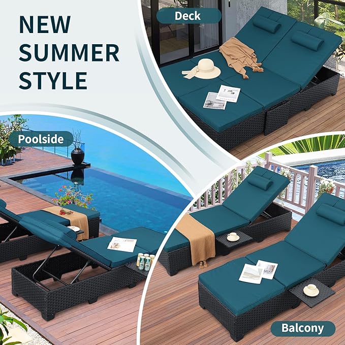 WAROOM Outdoor Chaise Lounge Chairs for Outside Patio Furniture Set of 2 Wicker Recliner Black Rattan Sunbathing Lounger Adjustable Backrest Pool Reclining Chair, Peacock Blue Cushion