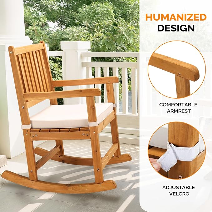 VINGLI Outdoor Rocking Chair, Weatherproof Rocker with Cushion, Wooden Rocking Bench Support 550 LBS for Patio, Yard, Garden, Outdoor or Indoors, Teak