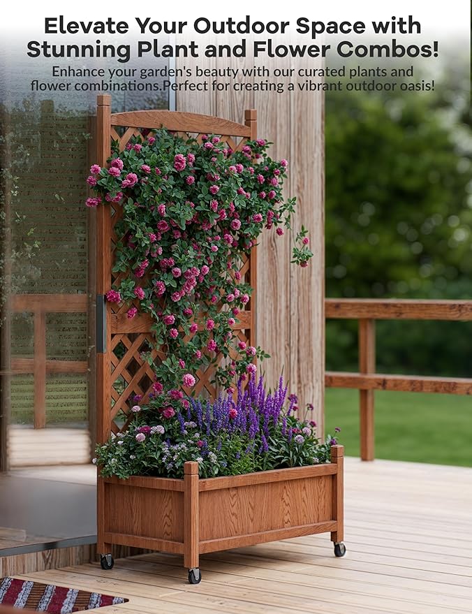 GarveeLife 2-Pack Tall Wood Planter Box with Trellis, 61.5" H Raised Garden Bed on Wheels, Vertical Stand Planter with Drainage Holes for Patio, Balcony & Outdoor Garden