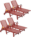 Carauci Lounge Chair Outdoor Set of 4, HDPE Chaise Lounge with Wheels, 5-Position Adjustable Backrest & 2 Cup Holders Patio Lounge Chair, All-Weather Pool Sun Lounger for Poolside, Backyard, Red