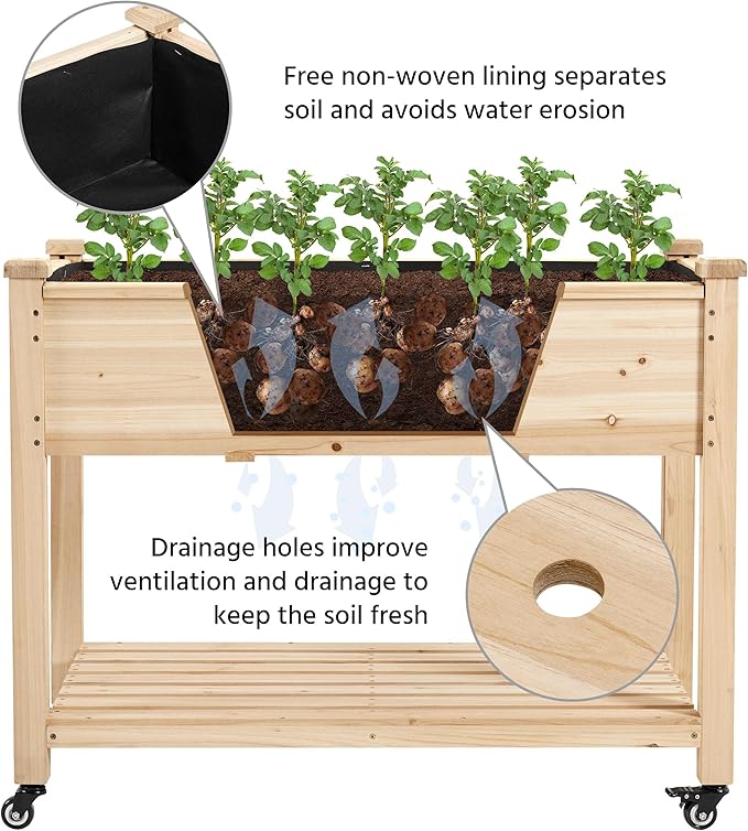 Yaheetech 42x23x33in Wooden Raised Garden Bed with Wheels Horticulture Flower Planter Boxes Elevated Vegetables Growing Bed for Grow Herbs and Vegetables