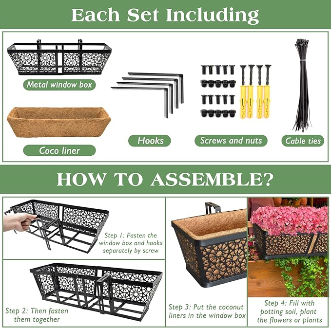 ZeeDix 3 Pack Metal Window Box for Railings, 24 Inch Over Railing Planter Boxes with Coco Liners, Hanging Flower Box Planters for Outdoor Fence Deck Porch Balcony & Patio