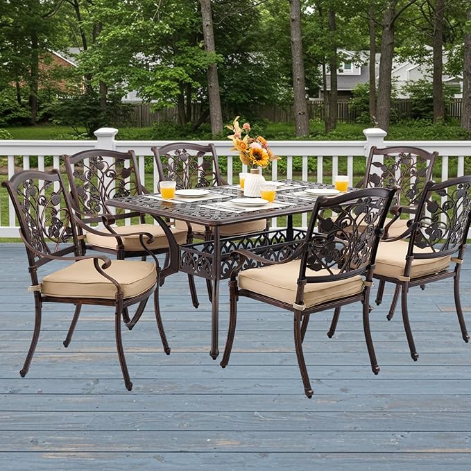 7-Piece Cast Aluminum Patio Furniture, Patio Dining Set for 6 Include 59" Rectangular Outdoor Dining Table and 6 Stackable Chairs with Cushions & Umbrella Hole (Copper Red)