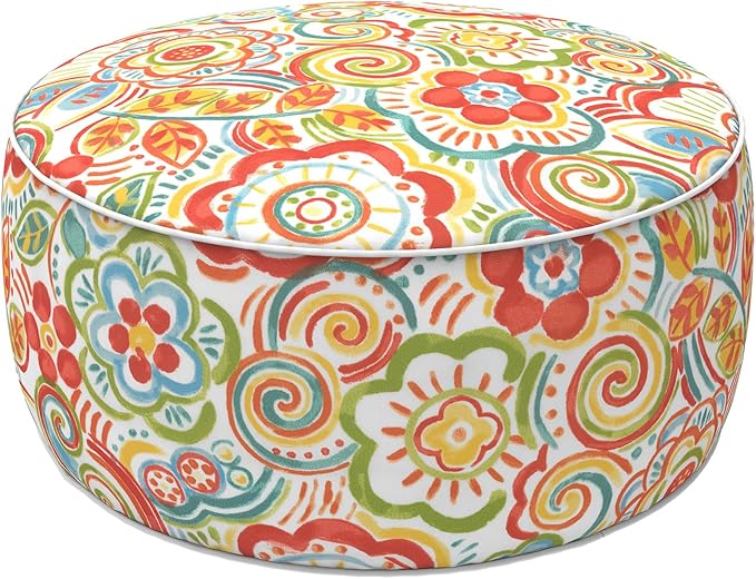 LVTXIII Indoor/Outdoor Inflatable Ottoman with Handle D21 x H9 Inch, Weather-Resistant Round Footstool Pouf for Patio Camping Living Room, Portable Footrest Extra Seating, Flower Multi