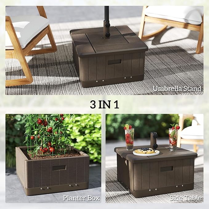 Outsunny 3-in-1 Outdoor Umbrella Base, Coffee End Table, Planter Box with Drain Hole, 175 lbs. Capacity Heavy Duty Fillable Patio Umbrella Stand Table with Wheels and Handles for Deck, Poolside, Brown