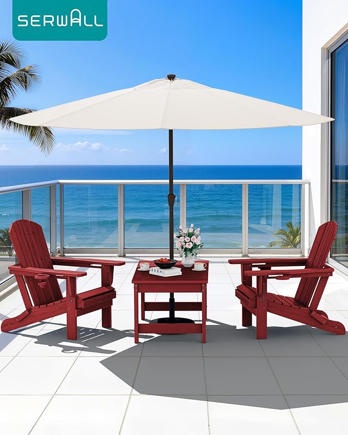 SERWALL Outdoor Coffee Table with 9FT Umbrella, HDPE Patio Coffee Table for Outside, Rectangle, Red(Not Include Umbrella Base)