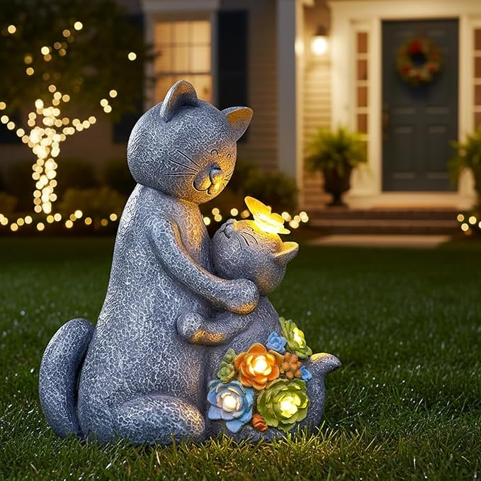 Solar Garden Statues Loving Cat Figurine Lights for Outside, Yard Decorations Outdoor, Garden Decor Unique Mothers Day Birthday Housewarming Gifts for Mom, Women, Lover