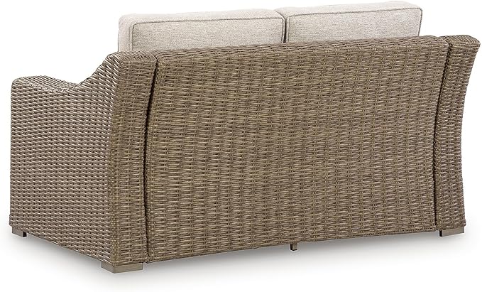 Signature Design by Ashley Carmel Bay Casual Outdoor Loveseat with Cushion, Weather Resistance and Armrest, Beige & Dark Brown