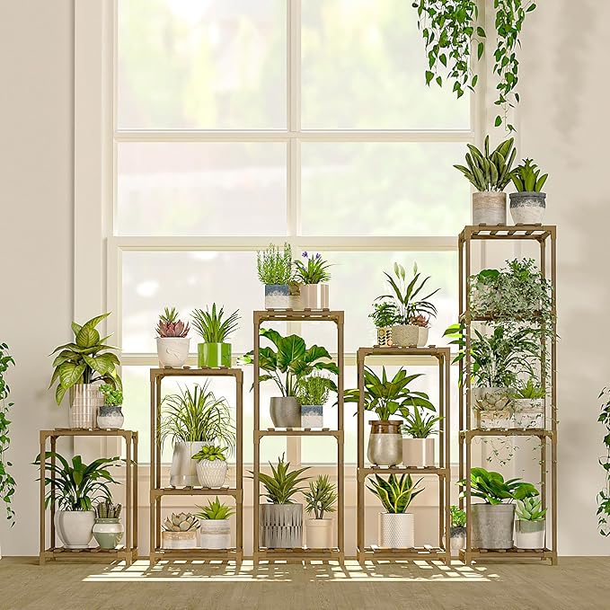 Bamworld 5 Sets Plant Stands Indoor Outdoor Combo Plant Shelves Wooden Plant Holder Rack for Multiple Plants Flower Stands for Living Room Balcony Garden Patio Lawn Window