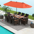 Tangkula 11 Pieces Rattan Outdoor Dining Set with 15Ft Solar Patio Umbrella for 8, Outdoor Wicker Table Set with 8 Cushioned Chairs, Acacia Wood Top, Outdoor Umbrella with Base Included
