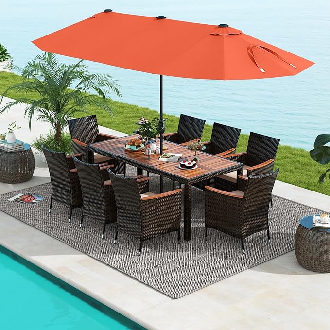 Tangkula 11 Pieces Rattan Outdoor Dining Set with 15Ft Solar Patio Umbrella for 8, Outdoor Wicker Table Set with 8 Cushioned Chairs, Acacia Wood Top, Outdoor Umbrella with Base Included