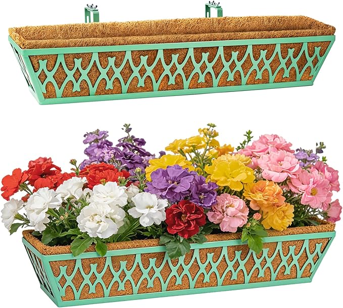 2 Pack 30 Inch Window Boxes Planters Railing Planter Box with Adjustable Brackets for Porch Fence Patio Balcony Hanging Flower Baskets with Coco Liners for Outdoor Garden Decor - Green