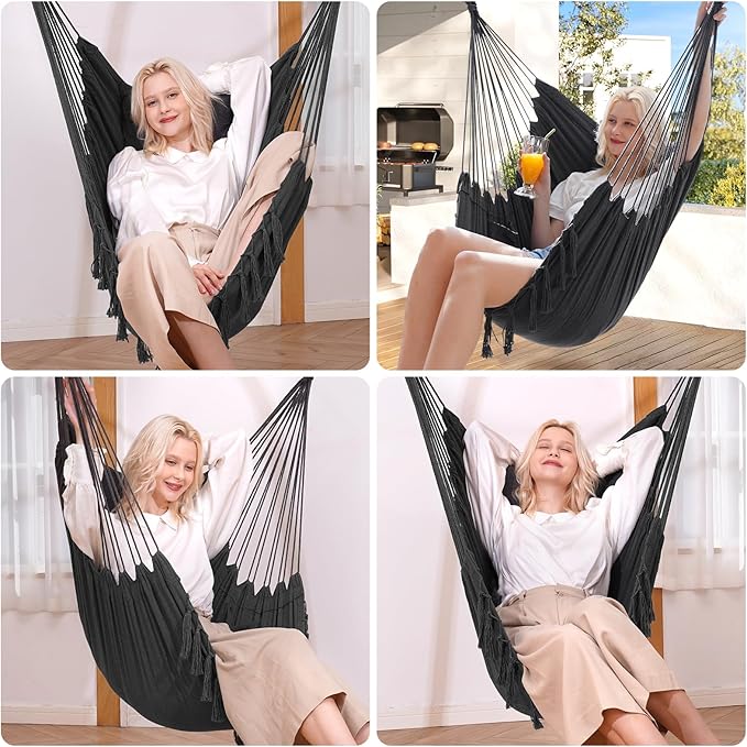 Y- STOP Hammock Chair Hanging Rope Swing, Max 500 Lbs, 2 Cushions Included, Large Macrame Hanging Chair with Pocket, Cotton Weave for Superior Comfort, Durability (Dark Grey)