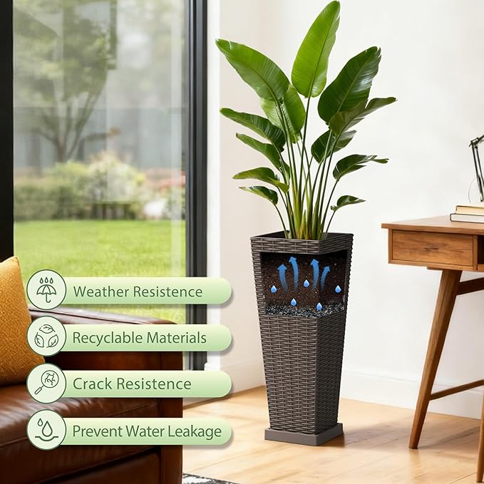 Set of 2 24 Inch Tall Plastic Planters with Drainage Saucers, Rattan Pattern UV Resistant Indoor Outdoor Flower Pots for Patio Garden Balcony Decor, Brown