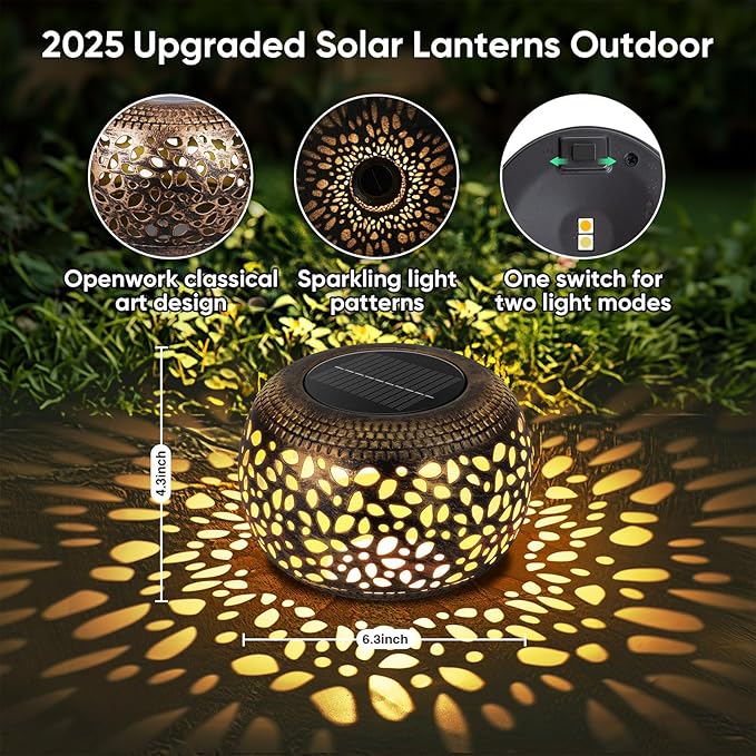 Solar Lantern Outdoor Patio Decor: 4 Pack Solar Lanterns Outdoor Waterproof, Hollow Out Retro Metal Solar Lights, Yard Porch Garden Balcony Indoor Desk Bedroom Tabletop Decorations, 2 Lighting Colors