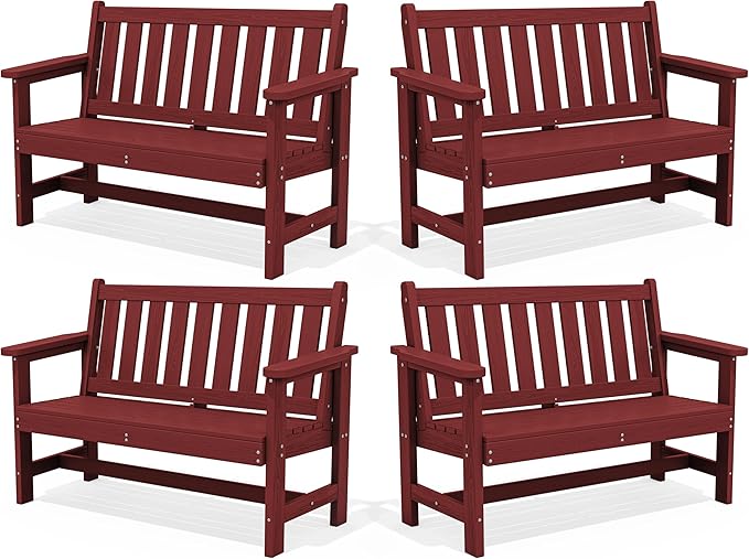 SERWALL Outdoor Bench, HDPE Outdoor Benches Weatherproof, 2-Person Garden Bench with 660 lbs Weight Capacity, Patio Benches for Outdoors, Garden, Porch, Backyard and Park, Red, 4 Pack