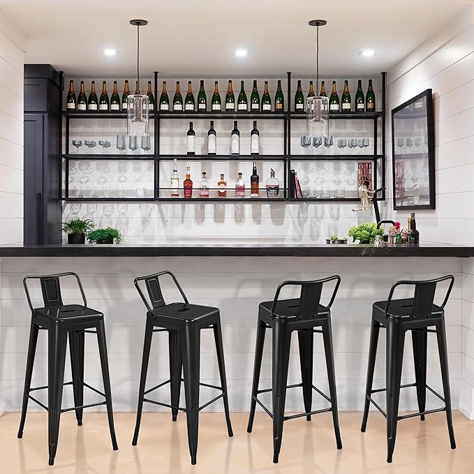 Yaheetech Bar Stools Set of 4, Metal Counter Height Chairs, 30 Inch Industrial Kitchen Stools with Backrest and Footrest for Indoor/Outdoor, Matte Black