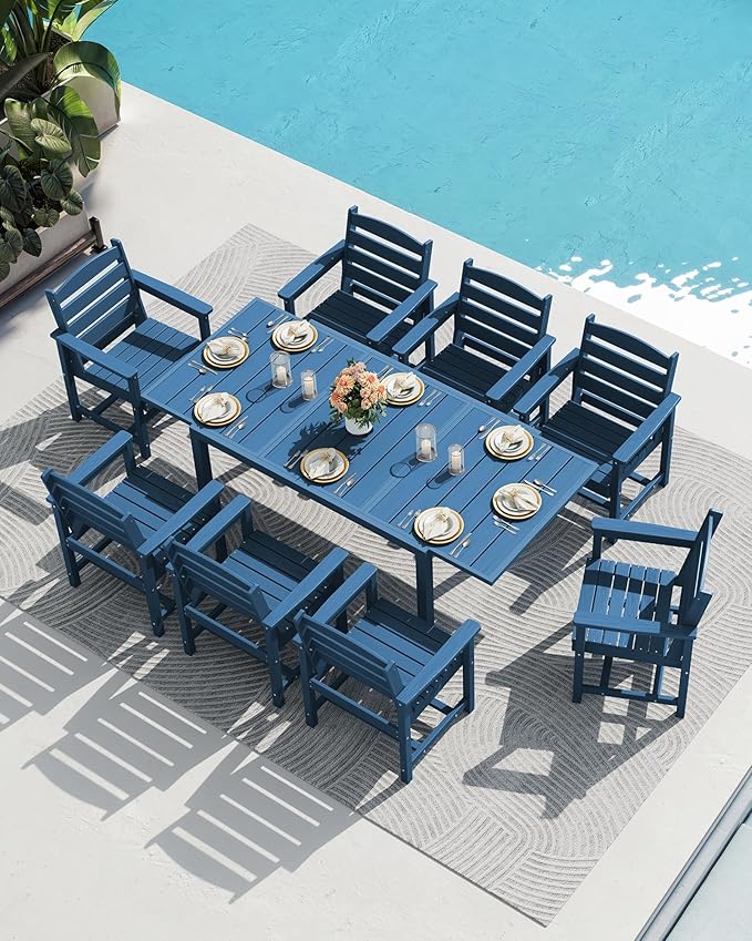 SERWALL Outdoor Expandable Dining Table 60" - 83", Patio Dining Table for 4-10 People, All Weather HDPE and Aluminum Outdoor Furniture for Backyard, Garden, Blue