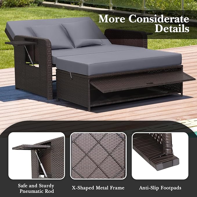 Tangkula Patio Rattan Daybed with 4-Level Adjustable Backrest, Outdoor PE Wicker Loveseat with Storage Ottoman & Folding Side Tray, Double Sunbed Lounger for Balcony, Backyard & Poolside, Grey & Brown