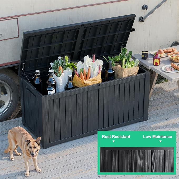 ROJIK Outdoor Storage Housing Deck Box - Waterproof Patio Furniture, Garden Tools, Cushions, Pool Accessories Storage Bench with Lockable Lid and Side Handles (Black, 200 Gal)