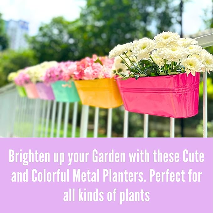 LaLaGreen Rail Planter Outdoor Plants (6 Pack, 11.8 Inch) Colorful Metal Iron Strawberry Hanging Flower Pots Deck Railing Fence Buckets Modern Wall Mount Window Box Plant Holder Hooks Porch Home Decor