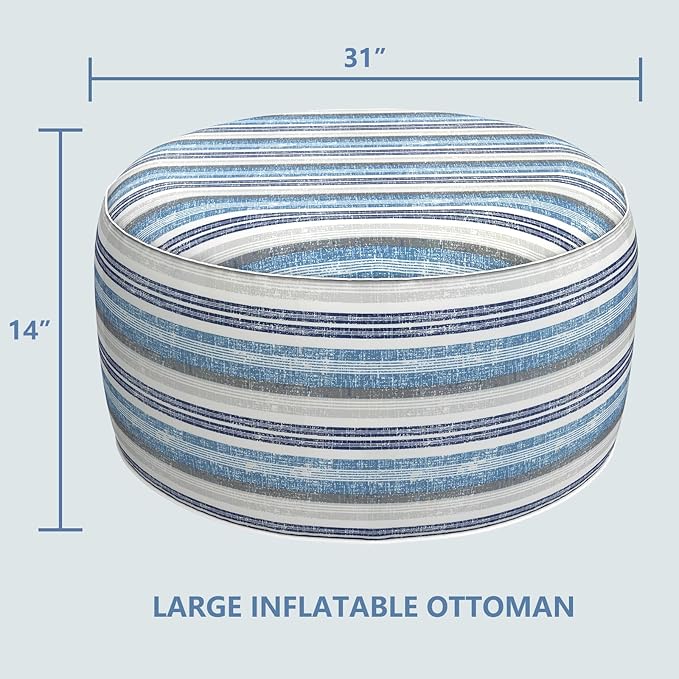 LVTXIII Outdoor Inflatable Ottoman, Fade-Resistant Round Footrest Stool D31”x H14”, Portable Patio Pouf for Garden Camping or Home Use, Stripe Layered Blue