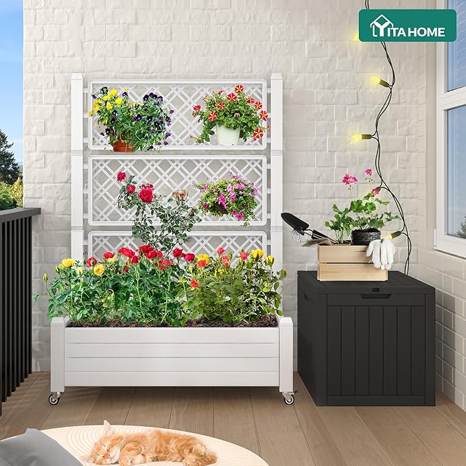 YITAHOME 43.3x17.7x61 in Planter Trellis Box with Wheels & Drain Plug, Outdoor Resin Raised Garden Bed for Climbing Plants, Large Weather-Resistant Design, Grayish-White
