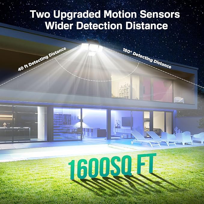Solar Outdoor Lights - 3000LM 188 LED Motion Sensor Outdoor Lights, 4 Heads IP65 Waterproof Powered Security Flood Lights, 270°Wide Lighting Angle Wall Light with Sensors for Backyard Yard