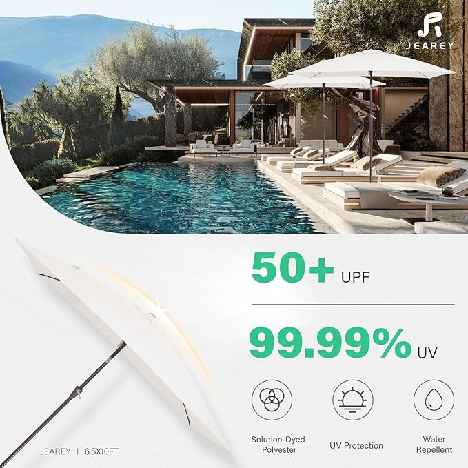 JEAREY 6.5x10 ft Rectangular Patio Umbrellas Rectangle Outdoor Umbrella with Push Button Tilt and Crank, Market Table Umbrella 6 Sturdy Ribs UV Protection for Poolside Garden Backyard Deck, Cream White