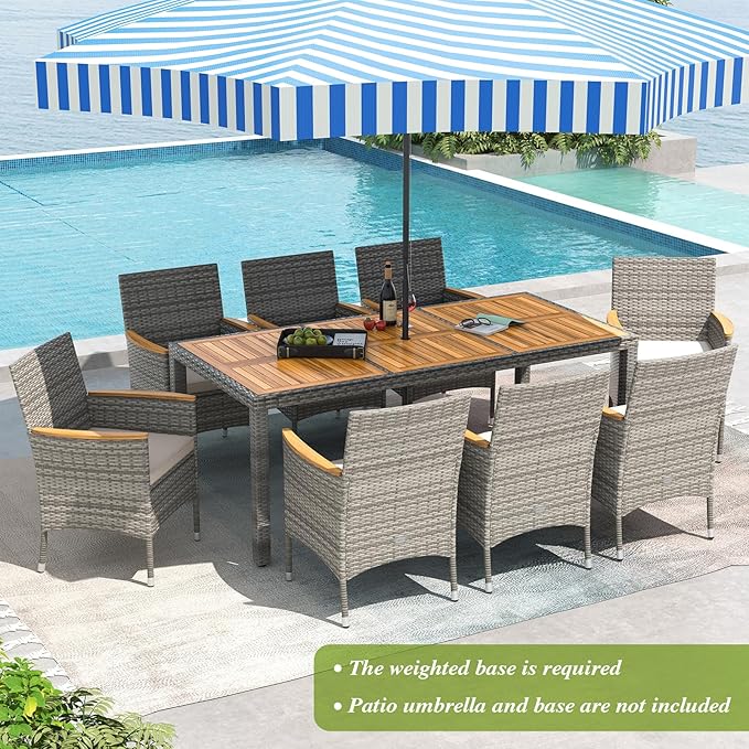 Tangkula 9 Pieces Patio PE Wicker Dining Set, Outdoor Acacia Wood Table and Chairs for 8 with Cushions and 2" Umbrella Hole, Outdoor Dining Furniture Set for Deck, Garden and Yard (Mix Grey+White)