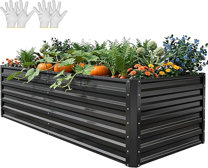 YITAHOME 6x3x2ft Large Raised Garden Bed Kit, Galvanized Metal Planter Box with Gloves, Ground Nails, Support Rod, Outdoor Above Ground Planters for Plants Vegetables Flowers, Black